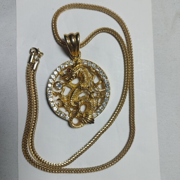 Gold Chinese Dragon Year Pendant Necklace Gold Tone Rhinestones 22 inch Chain - Picture 11 of 14